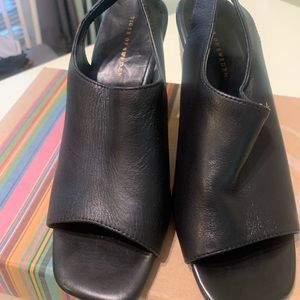 Leather black Sandals, lightly worn once with wooden heel